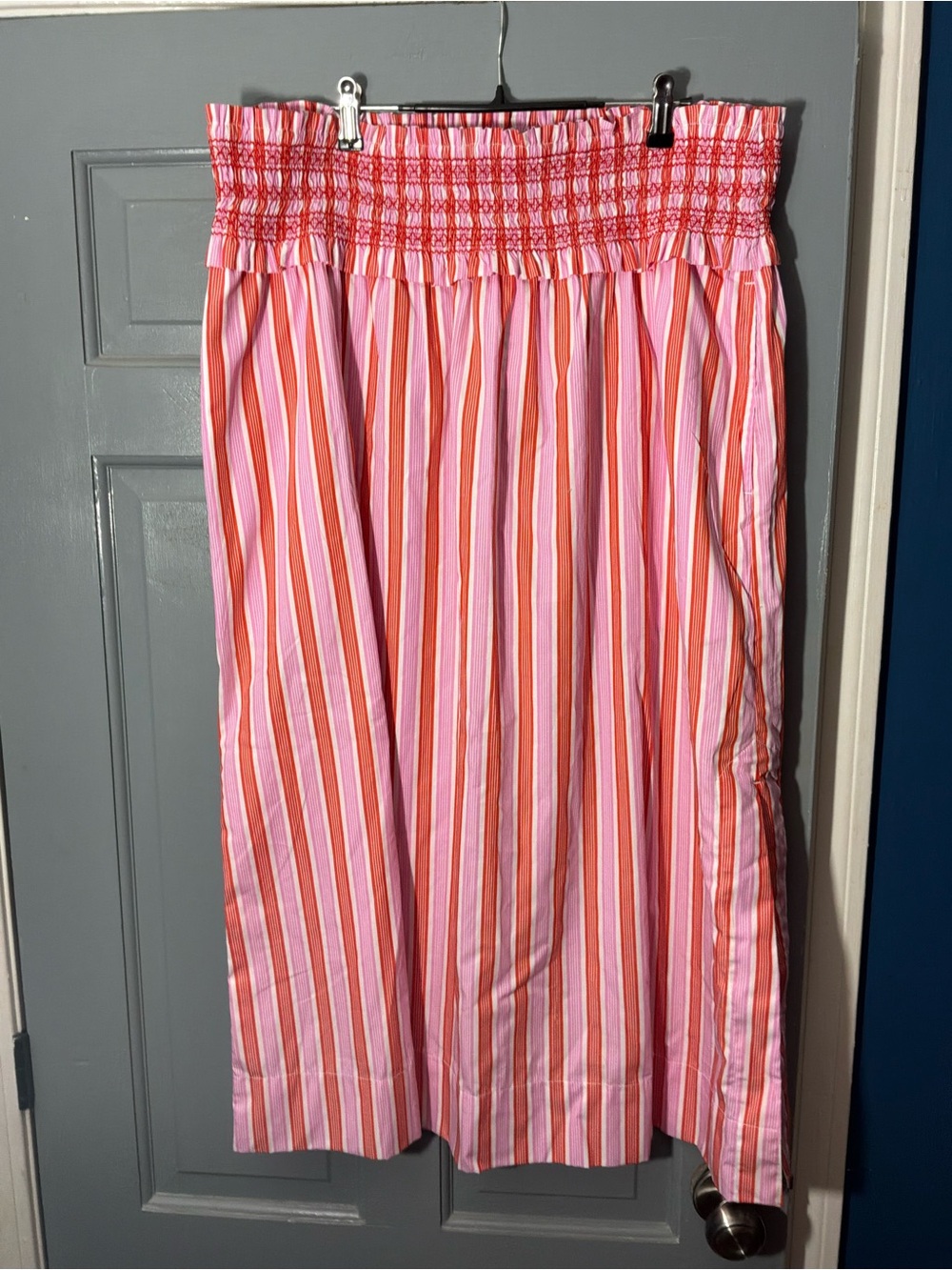 Striped Pink & Coral Midi Skirt with Smocked Waist